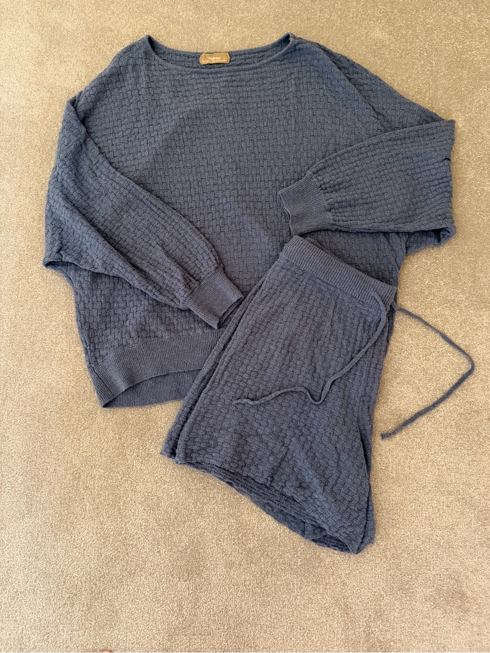 Free People Slate Blue Knit Lounge Set - Long Sleeve Top & Drawstring Shorts - Picture 2 of 7